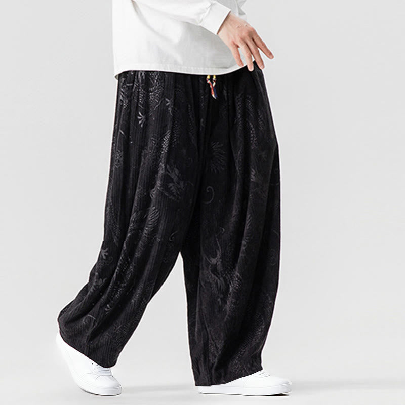 Pantalones tipo harem para hombre, de pana de algodón, con estampado de dragón y fénix de invierno con Buddha Stones y bolsillos. - image 35