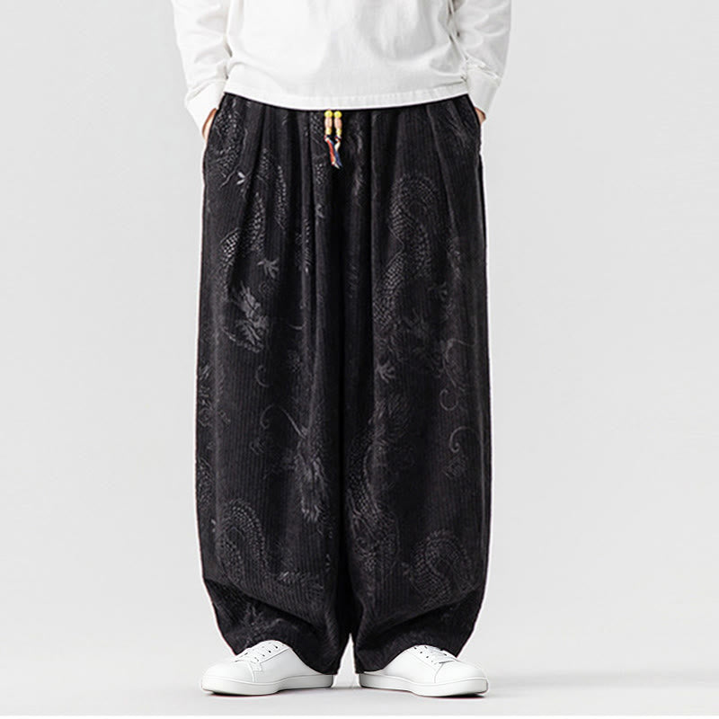 Pantalones tipo harem para hombre, de pana de algodón, con estampado de dragón y fénix de invierno con Buddha Stones y bolsillos. - Negro - US/UK/AU46, EU56 (5XL) - image 31