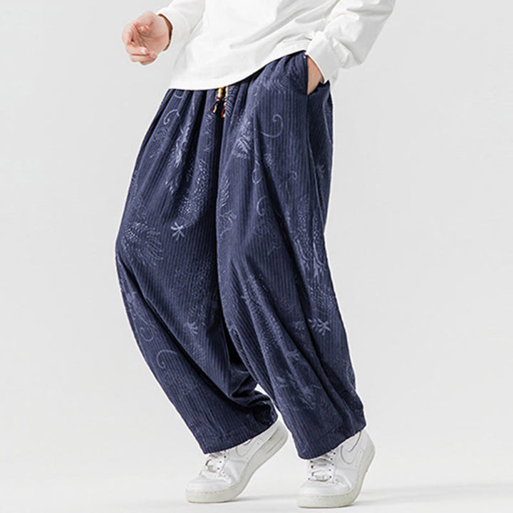 Pantalones tipo harem para hombre, de pana de algodón, con estampado de dragón y fénix de invierno con Buddha Stones y bolsillos. - image 22