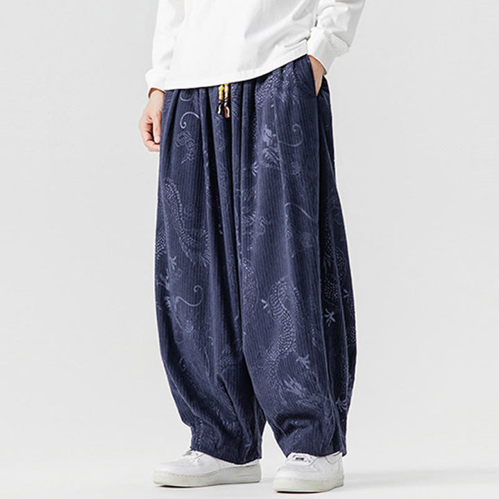 Pantalones tipo harem para hombre, de pana de algodón, con estampado de dragón y fénix de invierno con Buddha Stones y bolsillos. - image 18