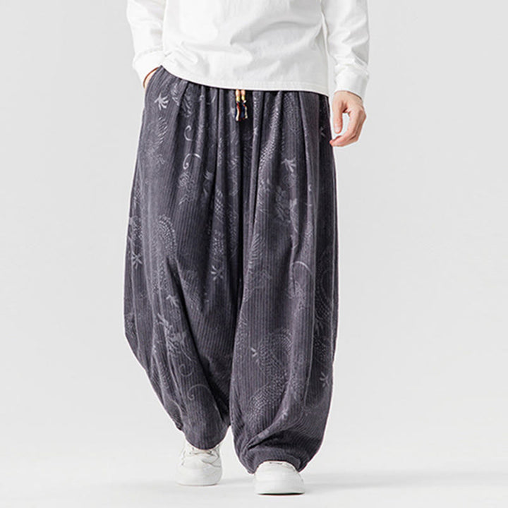 Pantalones tipo harem para hombre, de pana de algodón, con estampado de dragón y fénix de invierno con Buddha Stones y bolsillos. - image 25