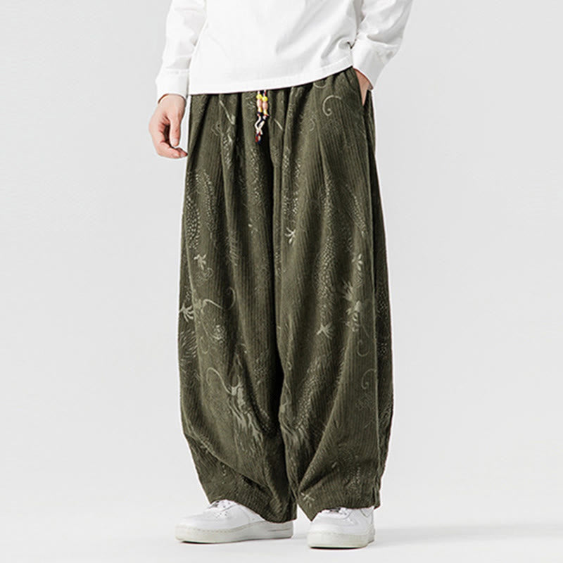 Pantalones tipo harem para hombre, de pana de algodón, con estampado de dragón y fénix de invierno con Buddha Stones y bolsillos. - image 2