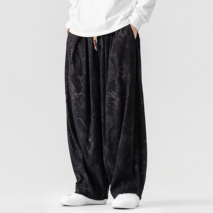 Pantalones tipo harem para hombre, de pana de algodón, con estampado de dragón y fénix de invierno con Buddha Stones y bolsillos. - image 32