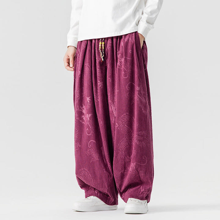 Pantalones tipo harem para hombre, de pana de algodón, con estampado de dragón y fénix de invierno con Buddha Stones y bolsillos. - image 11