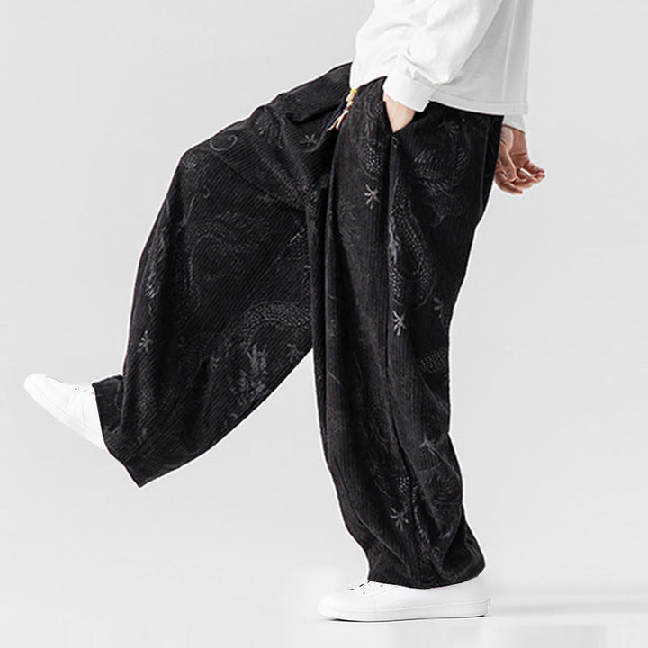 Pantalones tipo harem para hombre, de pana de algodón, con estampado de dragón y fénix de invierno con Buddha Stones y bolsillos. - image 37