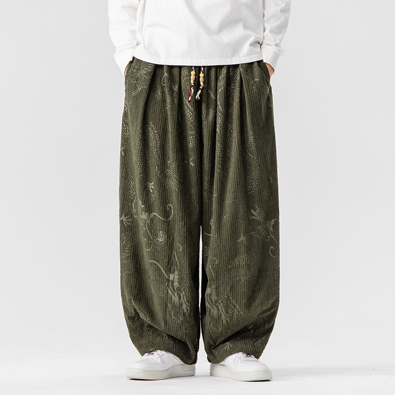 Pantalones tipo harem para hombre, de pana de algodón, con estampado de dragón y fénix de invierno con Buddha Stones y bolsillos. - Verde oliva oscuro - US/UK/AU46, EU56 (5XL) - image 1