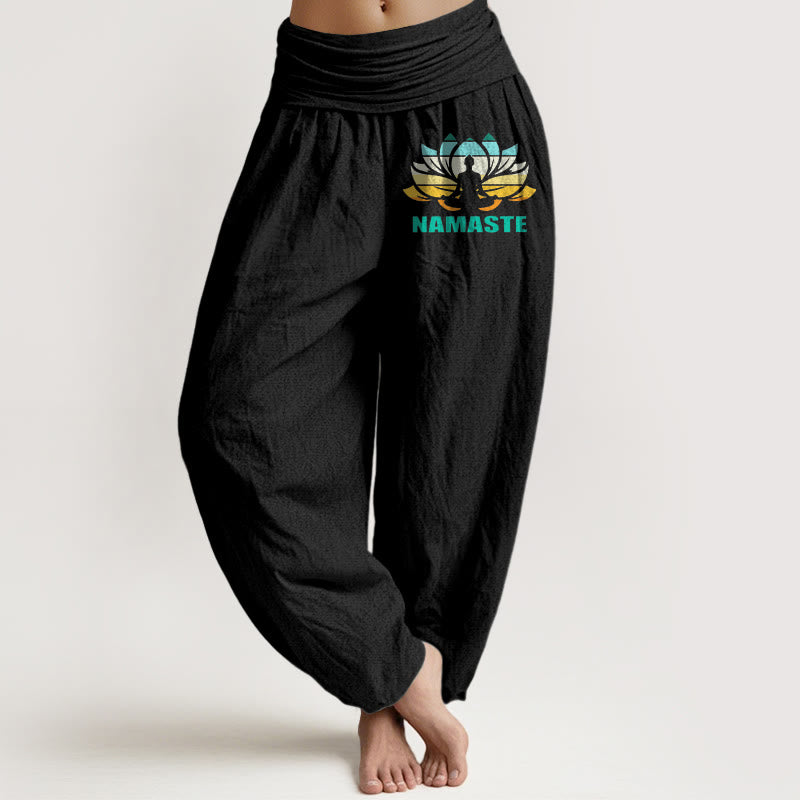Pantalones bombachos de algodón puro con cintura elástica y estampado de loto con figura meditando y Buddha Stones "Namaste". - Negro - US16，UK/AU20，EU48 (3XL) - image 0