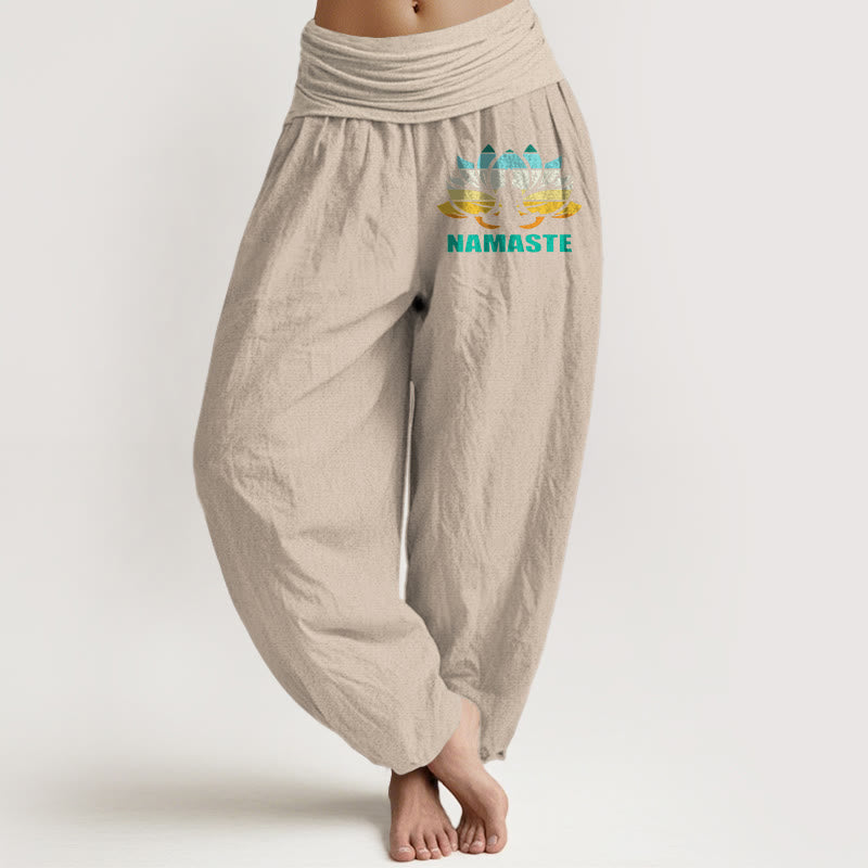 Pantalones bombachos de algodón puro con cintura elástica y estampado de loto con figura meditando y Buddha Stones "Namaste". - Broncearse - US16，UK/AU20，EU48 (3XL) - image 11