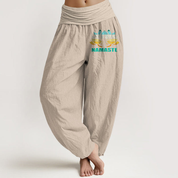 Pantalones bombachos de algodón puro con cintura elástica y estampado de loto con figura meditando y Buddha Stones "Namaste". - Broncearse - US16，UK/AU20，EU48 (3XL) - image 11