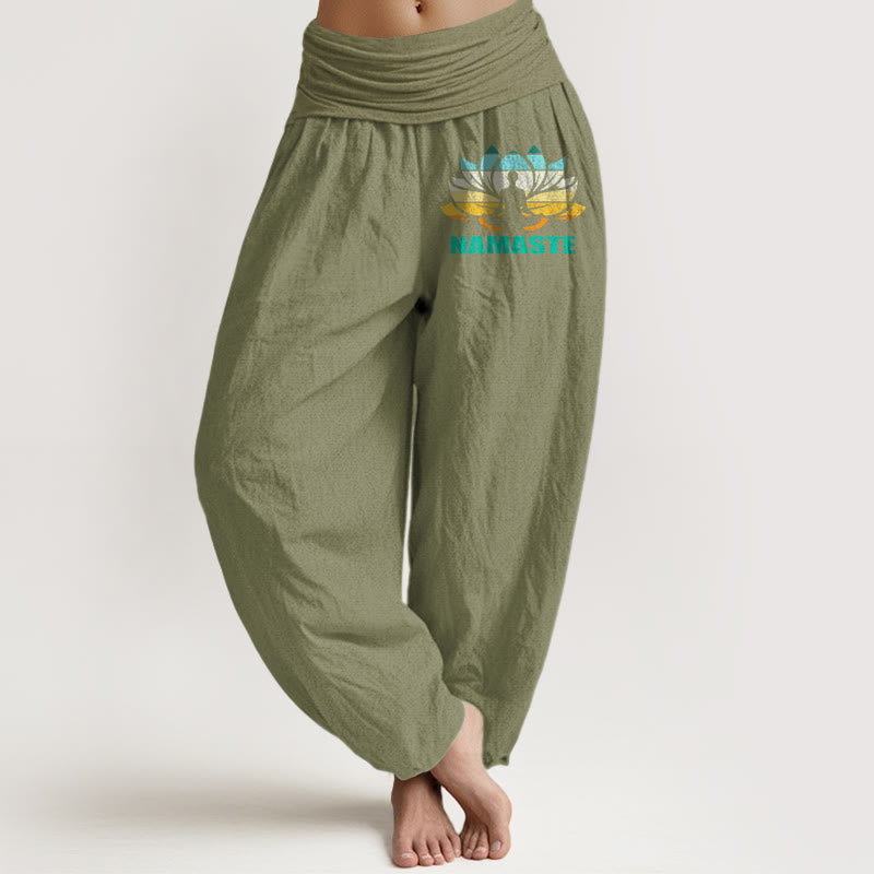 Pantalones bombachos de algodón puro con cintura elástica y estampado de loto con figura meditando y Buddha Stones "Namaste". - Verde oliva - US16，UK/AU20，EU48 (3XL) - image 14