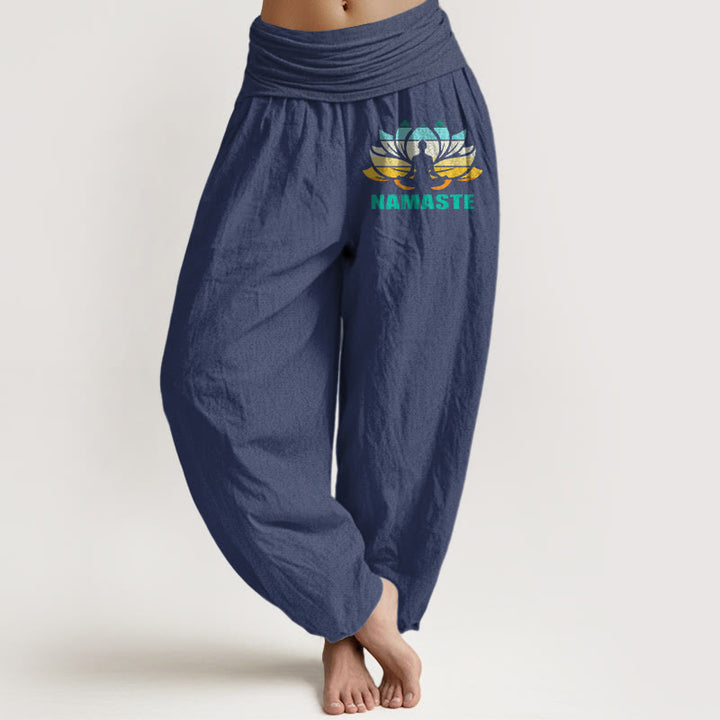 Pantalones bombachos de algodón puro con cintura elástica y estampado de loto con figura meditando y Buddha Stones "Namaste". - Azul pizarra oscuro - US16，UK/AU20，EU48 (3XL) - image 5