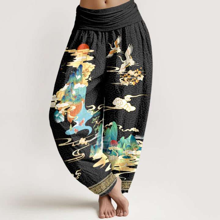 Pantalones bombachos de cintura elástica para mujer, de algodón puro con estampado de paisajes, grullas y nubes con Buddha Stones. - Negro - US16，UK/AU20，EU48 (3XL) - image 0