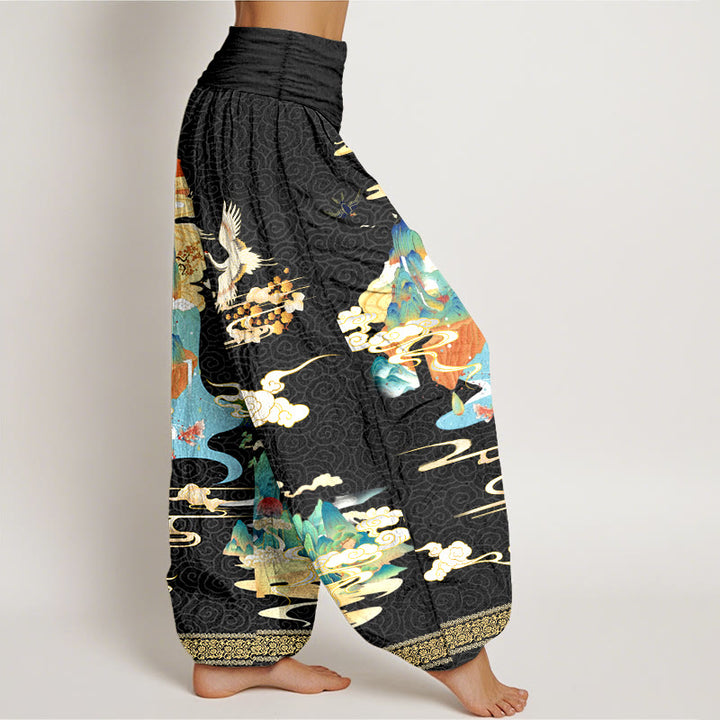 Pantalones bombachos de cintura elástica para mujer, de algodón puro con estampado de paisajes, grullas y nubes con Buddha Stones. - image 2