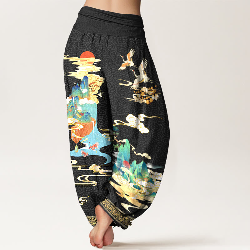Pantalones bombachos de cintura elástica para mujer, de algodón puro con estampado de paisajes, grullas y nubes con Buddha Stones. - image 1