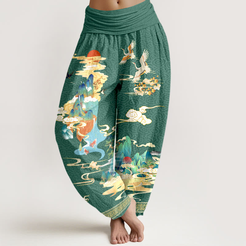 Pantalones bombachos de cintura elástica para mujer, de algodón puro con estampado de paisajes, grullas y nubes con Buddha Stones. - Verdemar - US16，UK/AU20，EU48 (3XL) - image 5