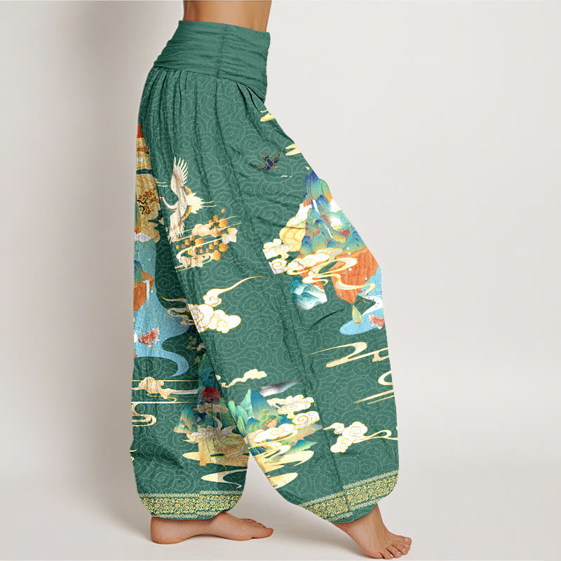 Pantalones bombachos de cintura elástica para mujer, de algodón puro con estampado de paisajes, grullas y nubes con Buddha Stones. - image 7