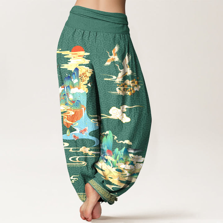 Pantalones bombachos de cintura elástica para mujer, de algodón puro con estampado de paisajes, grullas y nubes con Buddha Stones. - image 6