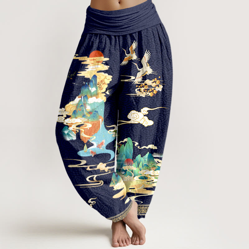 Pantalones bombachos de cintura elástica para mujer, de algodón puro con estampado de paisajes, grullas y nubes con Buddha Stones. - Azul medianoche - US16，UK/AU20，EU48 (3XL) - image 8