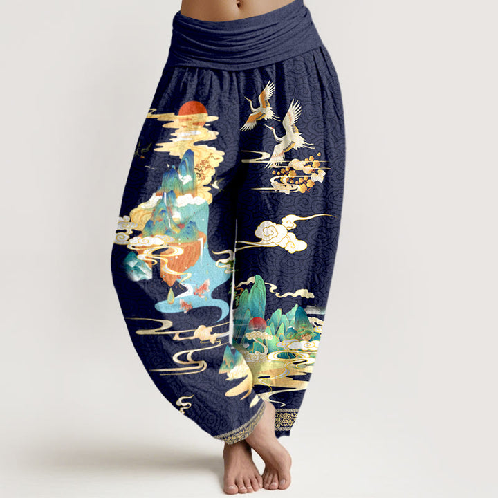 Pantalones bombachos de cintura elástica para mujer, de algodón puro con estampado de paisajes, grullas y nubes con Buddha Stones. - Azul medianoche - US16，UK/AU20，EU48 (3XL) - image 8