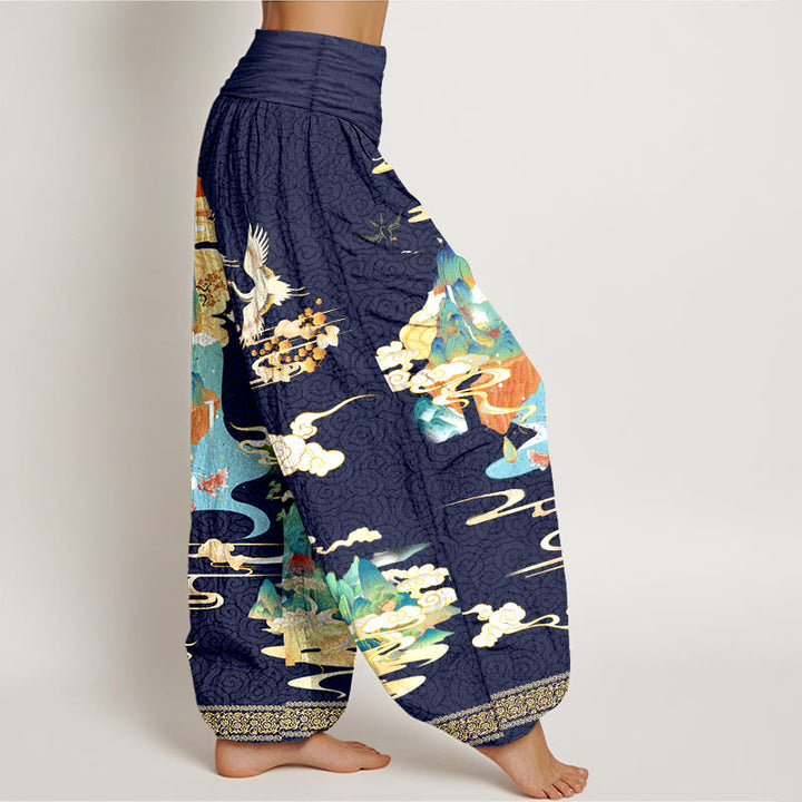 Pantalones bombachos de cintura elástica para mujer, de algodón puro con estampado de paisajes, grullas y nubes con Buddha Stones. - image 10