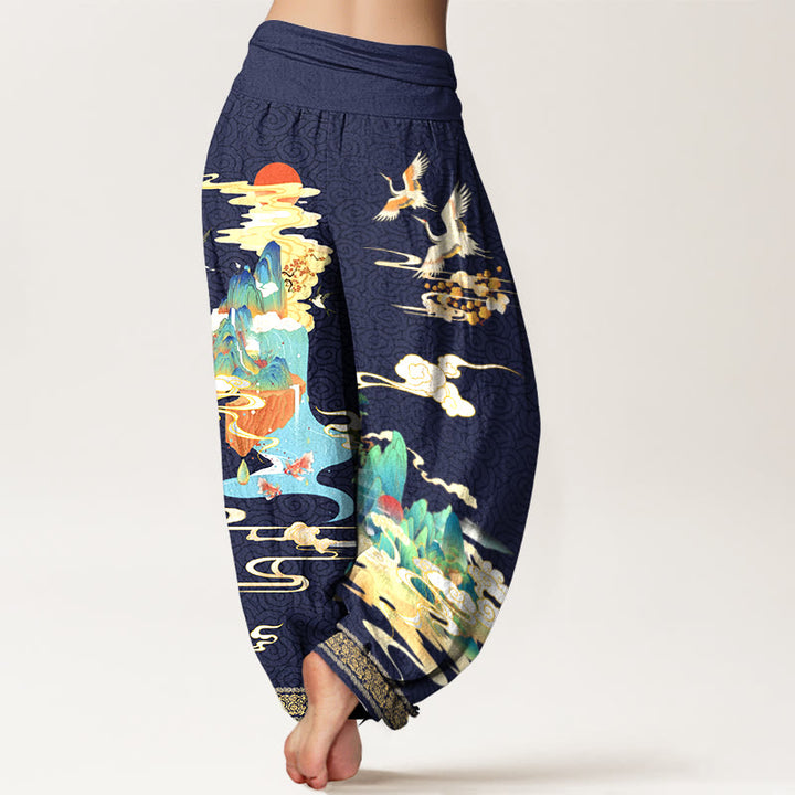 Pantalones bombachos de cintura elástica para mujer, de algodón puro con estampado de paisajes, grullas y nubes con Buddha Stones. - image 9