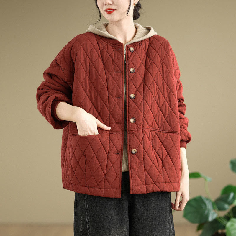 Chaqueta de manga larga para mujer, de algodón grueso, con estampado de rombos y Buddha Stones , con bolsillos. - Rojo oscuro - US12, UK/AU16, EU44 (3XL) - image 11