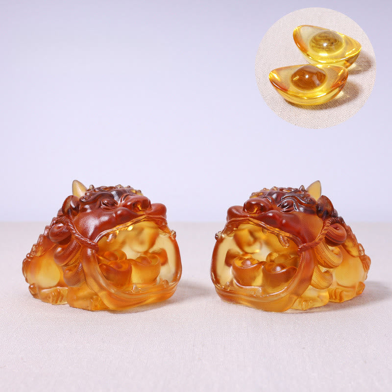 Buddha Stones hechas a mano, cristal Liuli dorado, pieza de arte PiXiu tragando, decoración para el hogar - Un par de Pixiu amarillos (con dos lingotes de 4 cm) - image 11