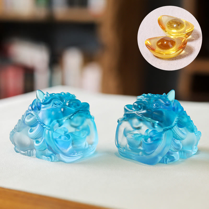 Buddha Stones hechas a mano, cristal Liuli dorado, pieza de arte PiXiu tragando, decoración para el hogar - Un par de Pixiu azules (con dos lingotes de 4 cm) - image 12
