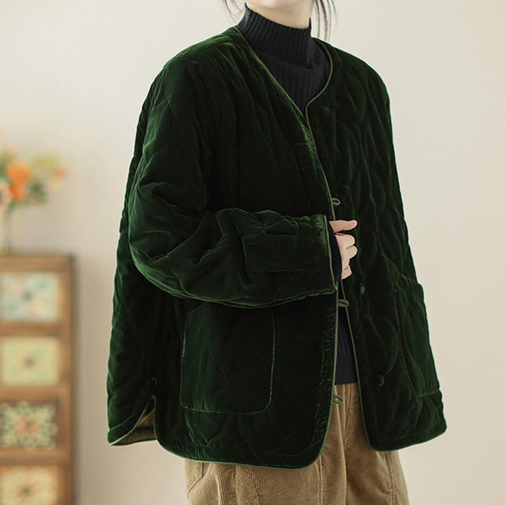 Chaqueta corta de manga larga para mujer, estilo grueso, con bolsillos y estampado de diamantes y Buddha Stones. - image 3