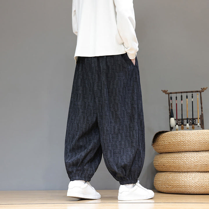 Pantalones bombachos de algodón de pana con estampado de cuadros jacquard otoñal y Buddha Stones para hombre, con bolsillos. - image 7