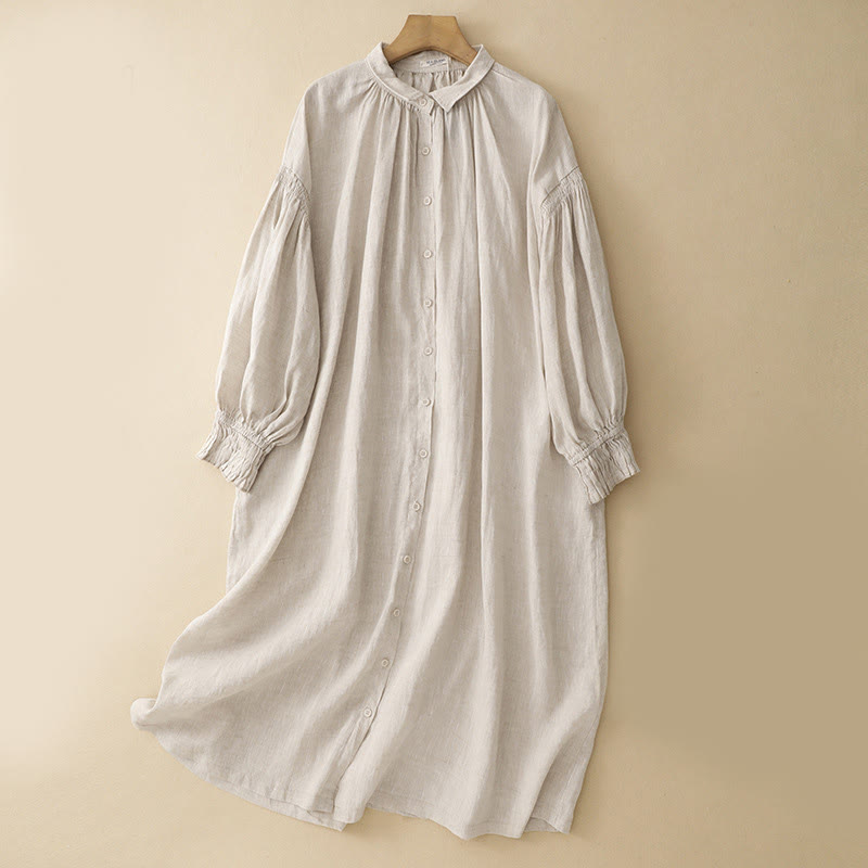 Vestido midi de algodón de manga larga con diseño de solapa, botones color beige y estampado de Buddha Stones, con bolsillos. - Beige - US8-10，UK/AU12-14，EU40-42 (2XL) - image 0