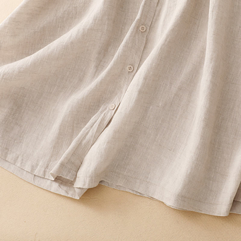 Vestido midi de algodón de manga larga con diseño de solapa, botones color beige y estampado de Buddha Stones, con bolsillos. - image 6