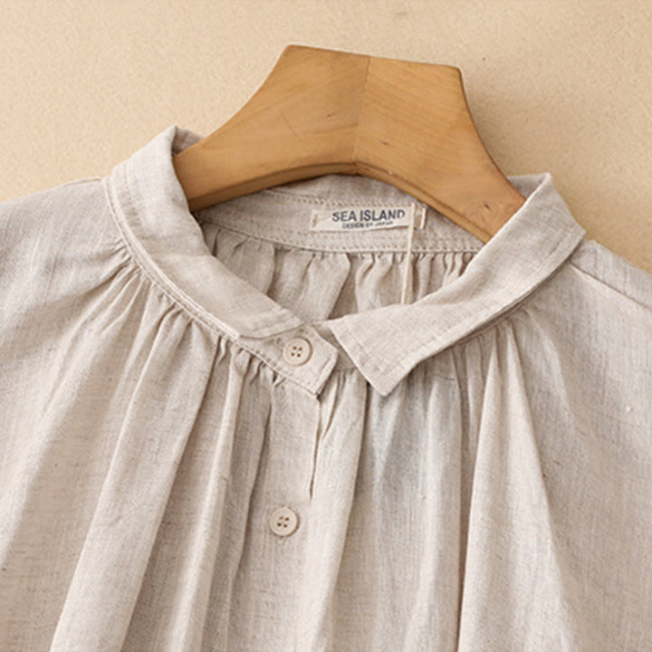 Vestido midi de algodón de manga larga con diseño de solapa, botones color beige y estampado de Buddha Stones, con bolsillos. - image 2