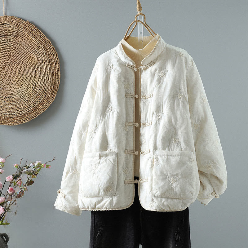 Chaqueta gruesa de manga larga con cuello alto, botones de rana y estampado floral de Buddha Stones para mujer, con bolsillos - Marfil - US8-10，UK/AU12-14，EU40-42 (2XL) - image 0