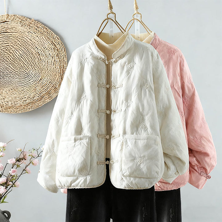 Chaqueta de algodón grueso de manga larga para mujer con cuello alto, botones de rana, estampado floral de Buddha Stones y bolsillos. - image 4