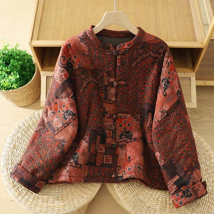 Chaqueta térmica de algodón con botones de rana y manga larga con estampado floral étnico para mujer de Buddha Stones - Ladrillo refractario - US12，UK/AU16，EU44 (XL) - image 0