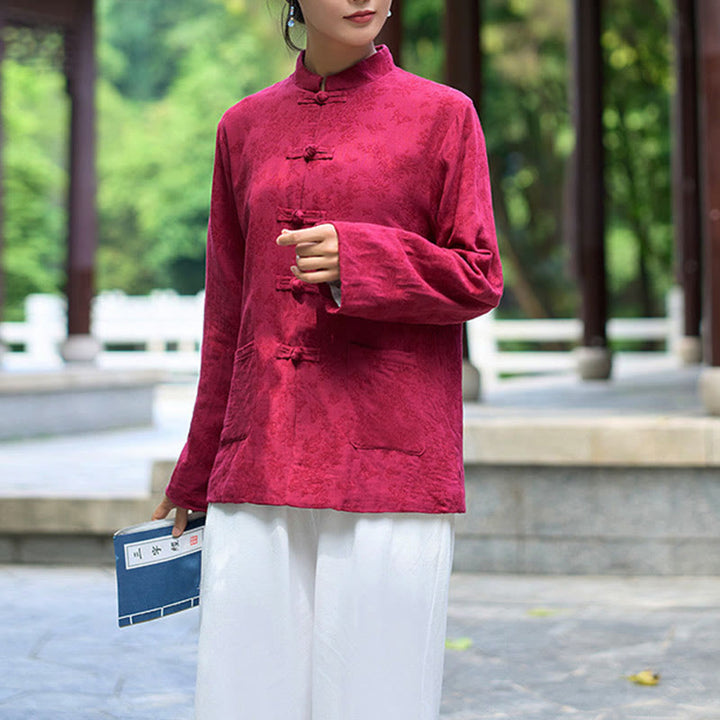 Camisa y pantalón de mujer de manga larga con botones de rana y estampado de Buddha Stones, confeccionados en algodón jacquard, con bolsillos. - Camiseta roja - US8-10，UK/AU12-14，EU40-42 (2XL) - image 8