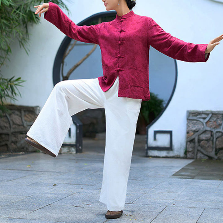 Camisa y pantalón de mujer de manga larga con botones de rana y estampado de Buddha Stones, confeccionados en algodón jacquard, con bolsillos. - image 17