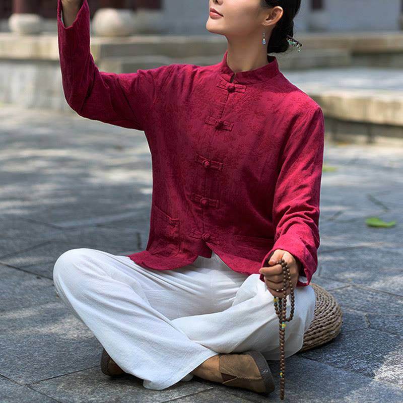 Camisa y pantalón de mujer de manga larga con botones de rana y estampado de Buddha Stones, confeccionados en algodón jacquard, con bolsillos. - image 18