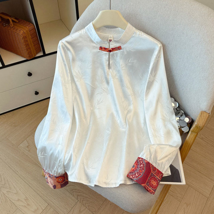 Chaleco de mujer con diseño jacquard de bambú, flor de dragón y botones de rana con Buddha Stones - Camisa blanca - US8-10，UK/AU12-14，EU40-42 (2XL) - image 8