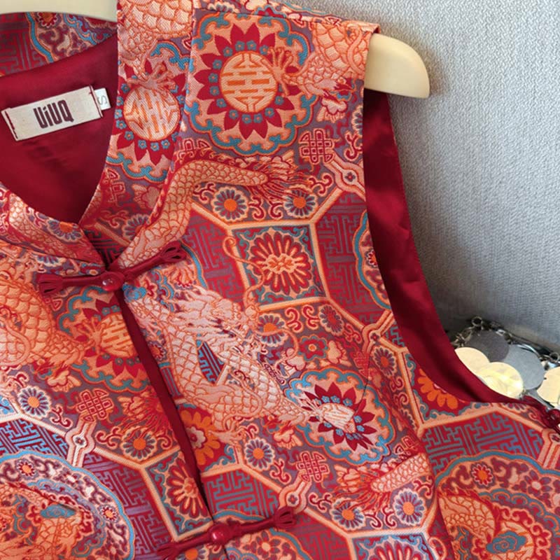 Chaleco de mujer con diseño jacquard de bambú, flor de dragón y botones de rana con Buddha Stones - image 4