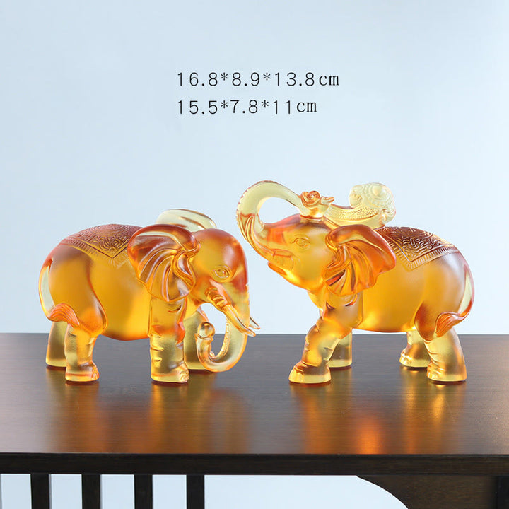 Buddha Stones, cristal amarillo Liuli, trompa de elefante, diseño de arriba abajo, fuerza, decoración del hogar - Un par de elefantes grandes - image 14