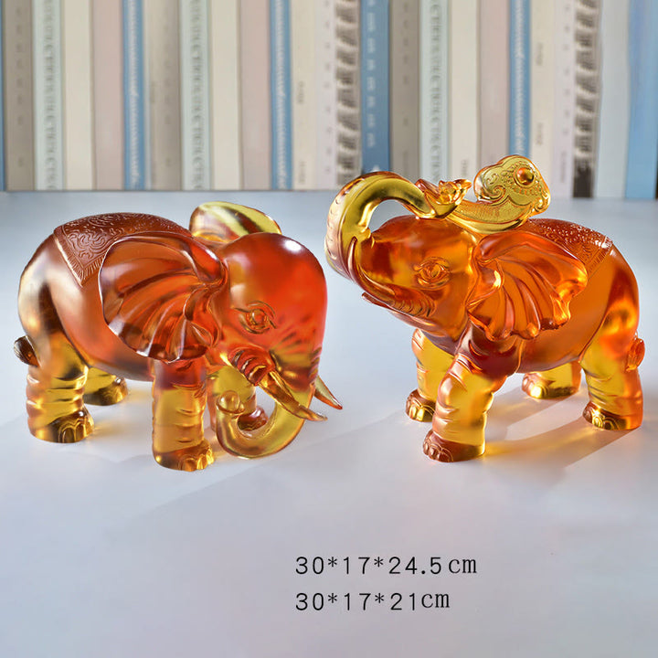 Buddha Stones, cristal amarillo Liuli, trompa de elefante, diseño de arriba abajo, fuerza, decoración del hogar - Un par de elefantes extra grandes - image 18