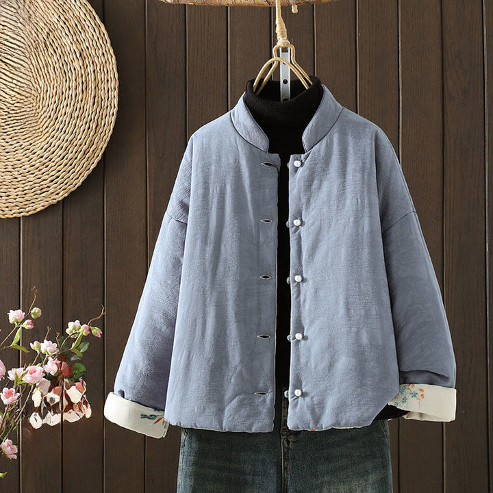 Chaqueta de algodón grueso de manga larga para mujer con estampado de Buddha Stones, botones de rana y color liso, con puños florales. - Azul acero claro - US8-10，UK/AU12-14，EU40-42 (2XL) - image 0