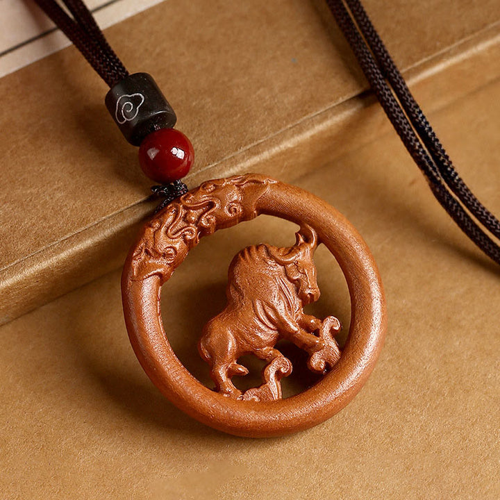 Collar con Buddha Stones y madera de melocotón del zodiaco chino del año del caballo para alejar los malos espíritus. - Madera de melocotón-buey - Cuerda marrón - image 15