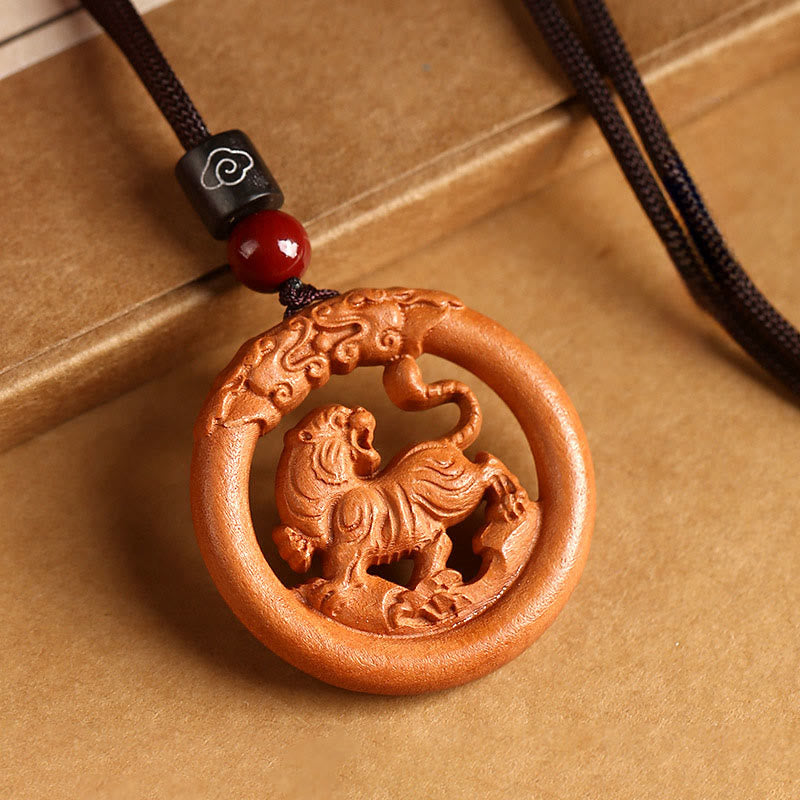 Collar con Buddha Stones y madera de melocotón del zodiaco chino del año del caballo para alejar los malos espíritus. - Madera de melocotón-Tigre - Cuerda marrón - image 17
