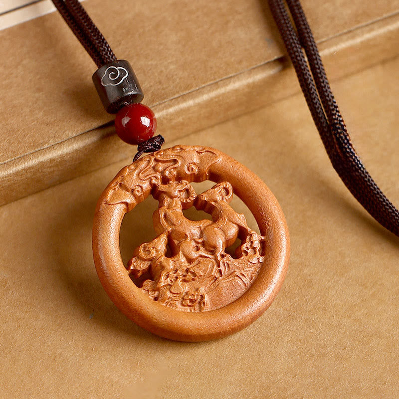 Collar con Buddha Stones y madera de melocotón del zodiaco chino del año del caballo para alejar los malos espíritus. - Cabra de madera de durazno - Cuerda marrón - image 25