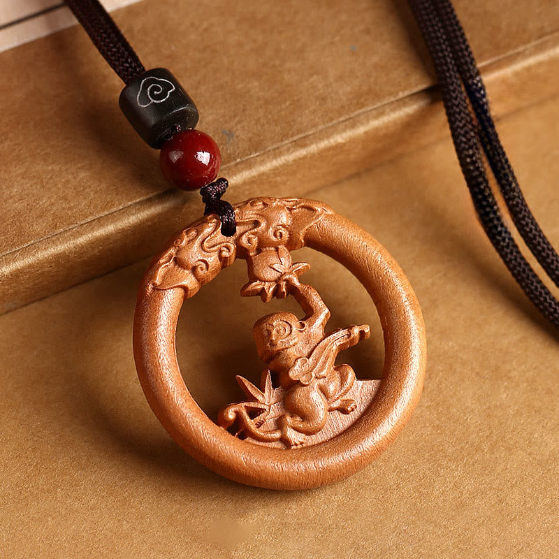 Collar con Buddha Stones y madera de melocotón del zodiaco chino del año del caballo para alejar los malos espíritus. - Mono de madera de durazno - Cuerda marrón - image 27