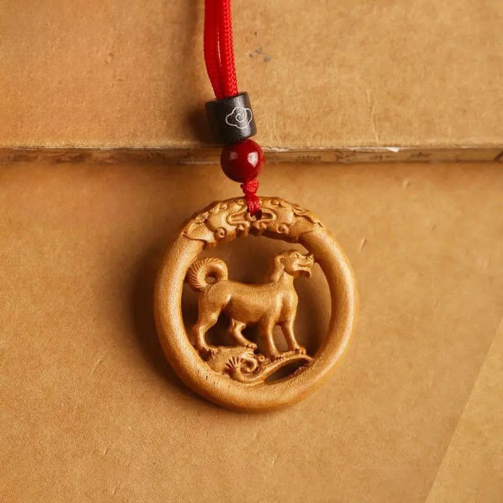 Collar con Buddha Stones y madera de melocotón del zodiaco chino del año del caballo para alejar los malos espíritus. - Perro de madera de durazno - Cuerda roja - image 27