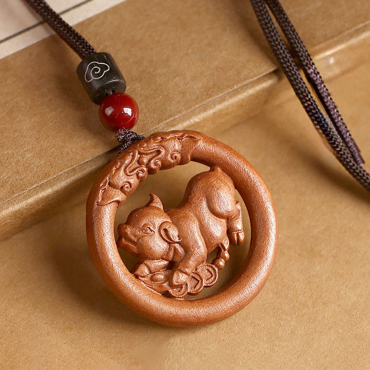 Collar con Buddha Stones y madera de melocotón del zodiaco chino del año del caballo para alejar los malos espíritus. - Cerdo de madera de melocotón - Cuerda marrón - image 33